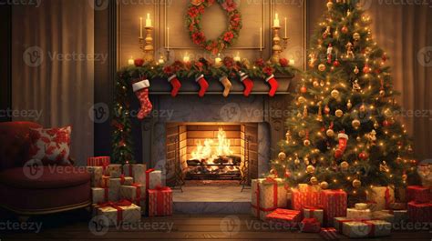 Cozy Christmas Interior With A Glowing Tree Fireplace And Presents