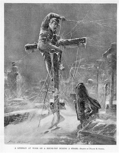 LINEMAN AT WORK TOP OF HOUSE DURING A STORM TELEGRAPH ELECTRIC