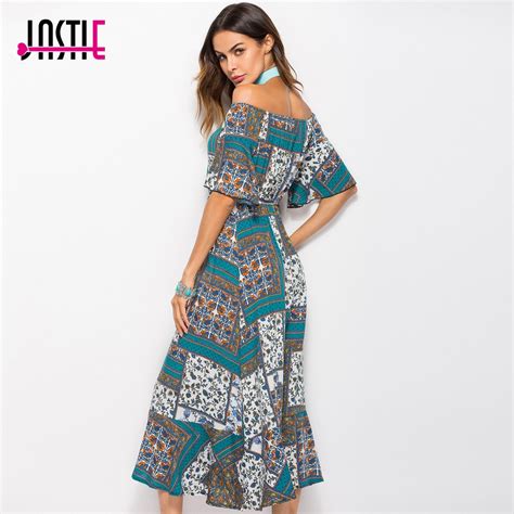 Jastie 2018 Summer Bohemian Dress Floral Print Casual Beach Dresses