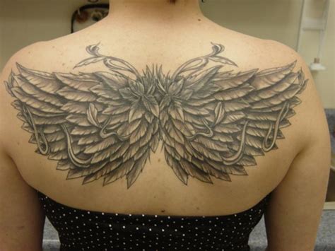 Female Black And Gray Angel Wings Back Tattoo My First Tattoo