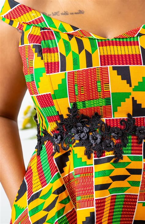 Kente African Print High Low Off Shoulder Dress Embroider Waistband Laviye