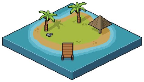 Pixel Art Tropical Island Coconut Tree Kiosk Landscape Isometric
