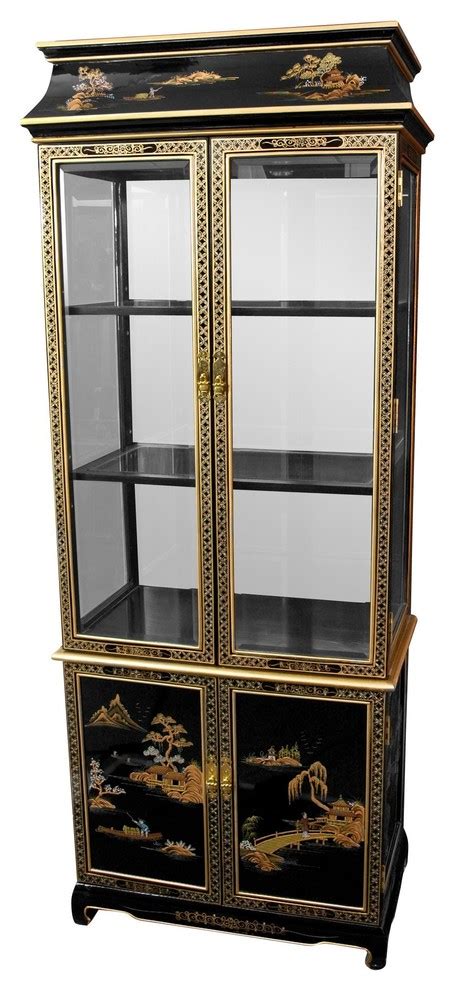 Ming Pagoda Top Curio Cabinet With Hand Painted Oriental Landscape