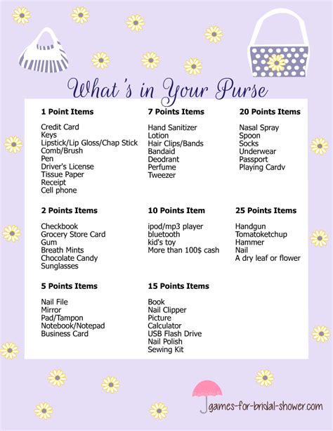 Free Printable Whats In Your Purse Bridal Shower Game
