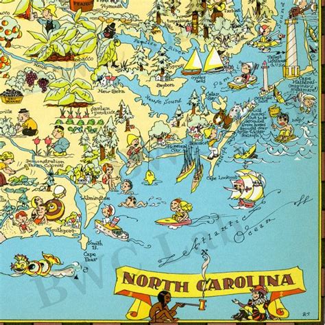 Pictorial Map Of North Carolina Colorful Fun Illustration Of Vintage