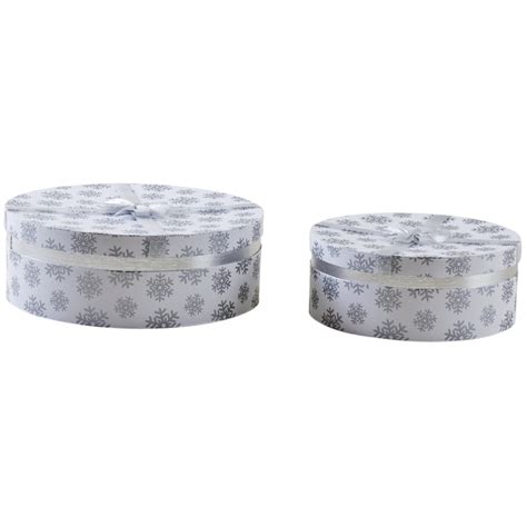 boîtes rondes blanches en carton avec motif flocons argentés vbt307s vannerie pack