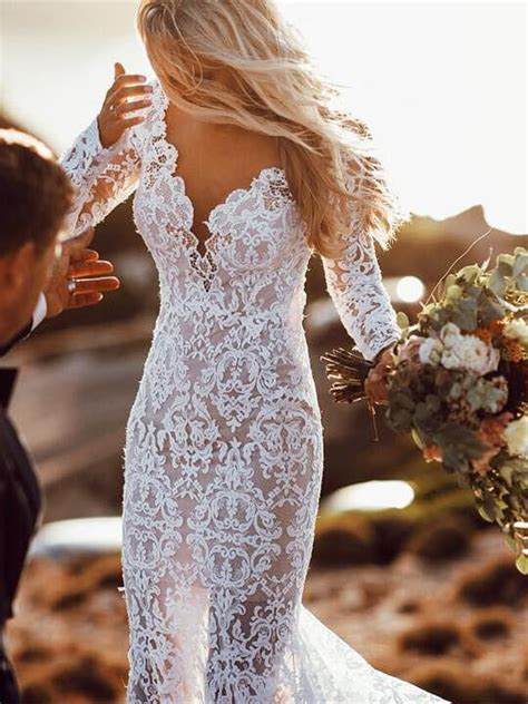 see through lace long sleeve backless mermaid wedding dress okf82 okdresses