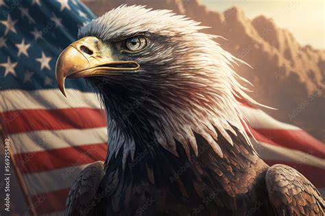Patriotic American Bald Eagle In Fron Of Usa Flag Symbol Of United