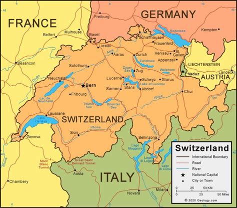 世界地図上のスイス 周辺諸国と西ヨーロッパ地図上の位置