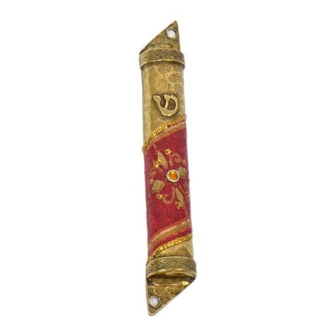 Brass Tone Metal And Red Deco Mezuzah Made In Israel