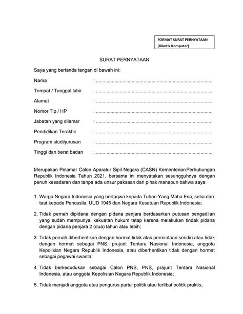 Contoh Surat Pernyataan Dan Surat Lamaran Untuk Pendaftaran Cpns