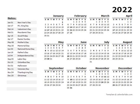 2022 Year Calendar Word Template With Holidays Free Printable Templates