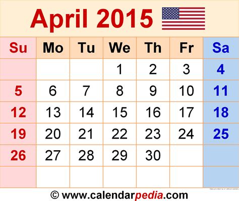April 2015 Calendar | Templates for Word, Excel and PDF