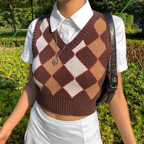 Argyle Knit Casual Sweater Vest 90s Y2k Brown Streetwear Etsy