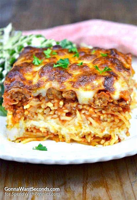 Hearty million dollar baked spaghetti is the perfect casserole for weeknight dinner. Million Dollar Spaghetti Casserole - Spend With Pennies