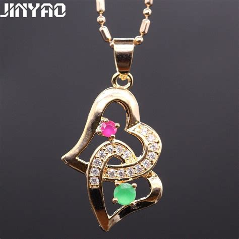 Jinyao Womens Fashion Natural Gem Red Green Aaa Zircon Gold Color Two Hearts Pendant Necklace