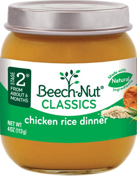 Ingredients ground chicken, water, cornstarch. Beech-Nut® Classics Chicken Rice Dinner Stage 2 Baby Food ...