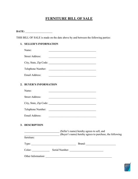 Free Furniture Bill of Sale Form Template | FormsPal