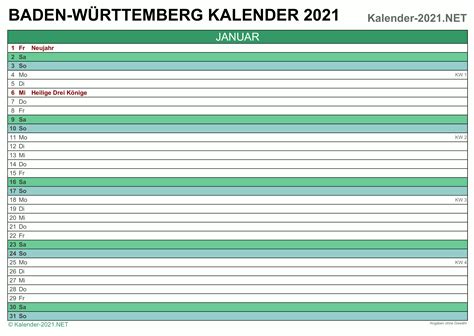 Vorheriges jahr (deutschland 2020) • monatskalender: Kalender 2021 Baden-Württemberg