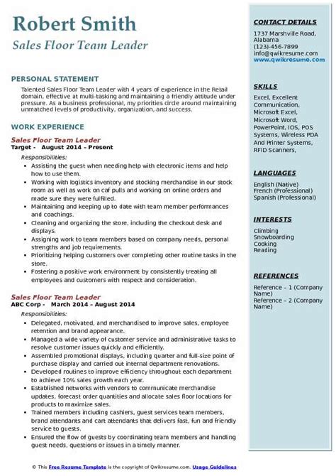 If you are writing a resume or cv for a team leader job, then you must pay attention to your objective statement. Sales Floor Team Leader Resume Samples | QwikResume
