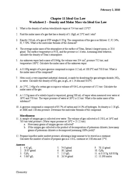 To the number of molecules we. Worksheet - Ideal Gas Law Gas Density and Molar Mass With ...