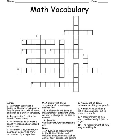 Math Vocabulary Crossword Wordmint