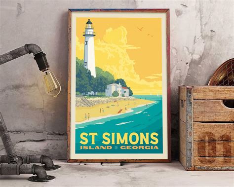 Saint Simons Island Vintgae Poster Ga Lighthouse Travel Etsy