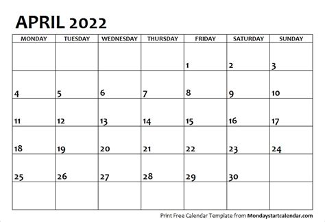 April Calendar Archives Page 6 Of 6 Monday Start Calendar