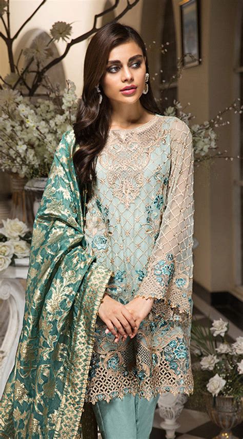 Traditional Pakistani Designer Dresses In Aqua Blue Color Nameera By