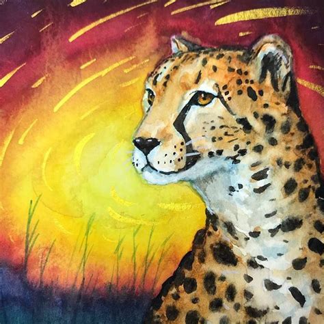A Painting Of A Cheetah Sitting In Front Of The Sun With Its Eyes Closed