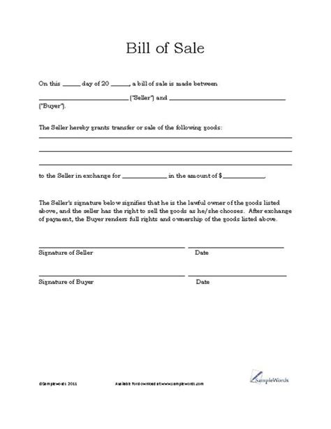 Printable General Bill Of Sale Template Business