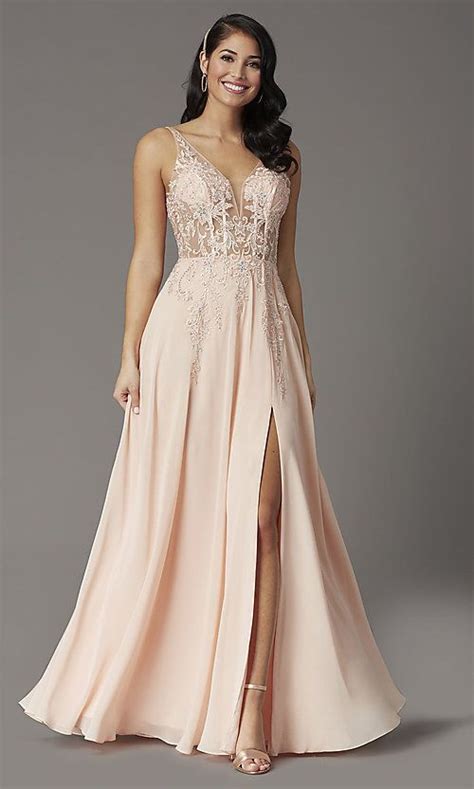 V Neck Long Illusion Prom Dress With Embroidery Blush Prom Dress