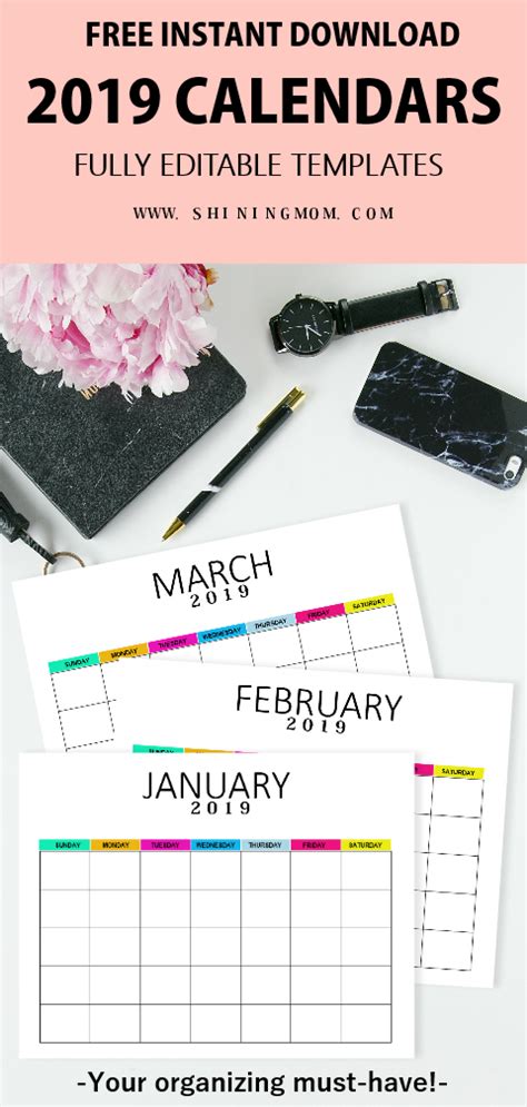 Free Editable Blank Calendar 2019 Colorful Monthly Template