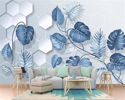 3d Relief Nordic Light Blue Small Fresh Tropical Plant Leaves Home