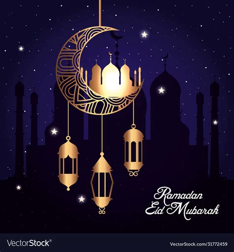 Ramadan Eid Mubarak Moon Hanging With Mosque Vector Image