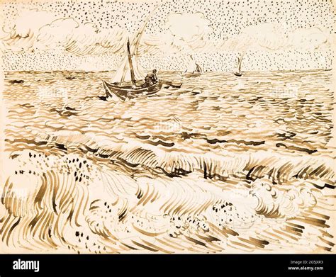 Vincent Van Gogh Fishing Boats At Saintes Maries De La Mer Drawing