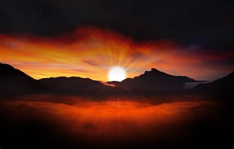 Wallpaper The Sky The Sun Clouds Rays Mountains Dawn Images For