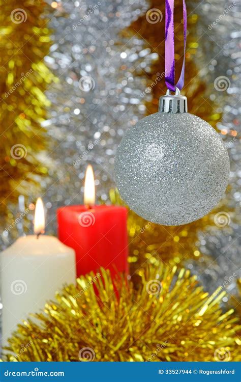 Christmas Baubles And Candles Stock Photo Image Of Ornament Shiny