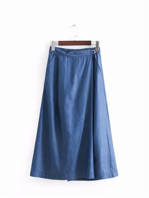 Womens Skirt 2018 Springsummer New Tencel Denim Elastic Waist Pocket A Line Skirt Denim Skirts