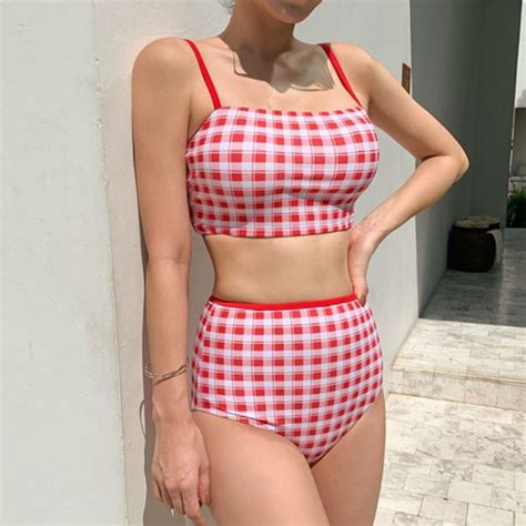 2021 Women Sexy Bikini Set High Waisted Plaid Swimsuit Two Pieces Bathing Suit Summer Ladies