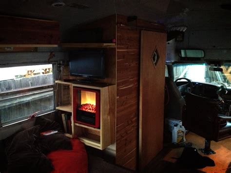 Bus Conversion Glamping Rv Fireplace Mini Rvcaravanrolling Cabin