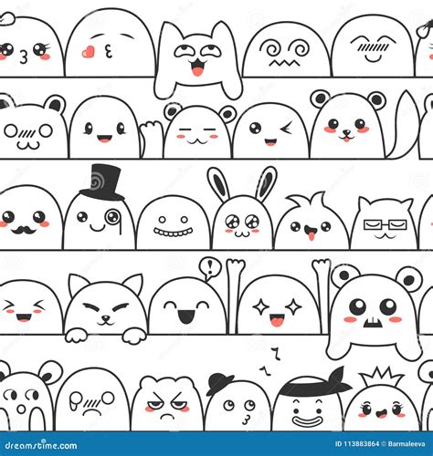 Seamless Pattern With Cute Lovely Kawaii Monsters And Animals Doodle