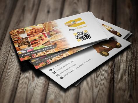 Flash card picturing food like spaghetti, chicken, fried potatoes, hotdog, pizza, hamburger flashcard illustrating food like salad, bread, steak, soup, fish, mashed potatoes, sausages, scrambled eggs, rice. Food Delivery Business Card | TechMix