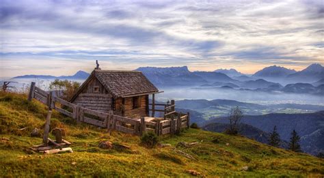 Nature Landscape Mist Sunrise Mountain Cabin Cottage Fence Valley Grass