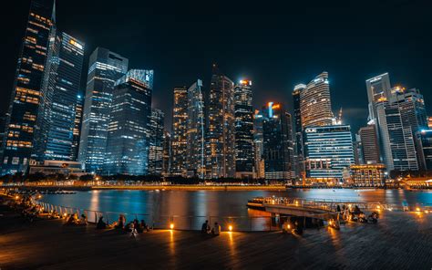 Download Wallpapers Singapore Night Skyscrapers Business Centers