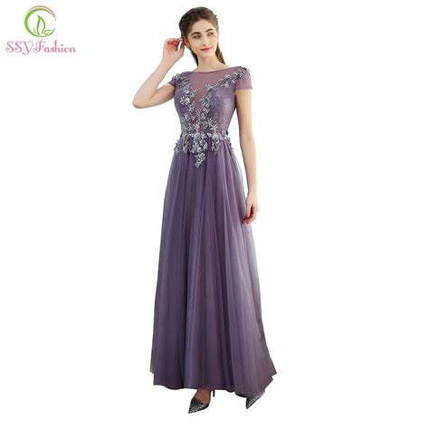 Ssyfashion New Evening Dress The Banquet Elegant Purple Lace Appliques