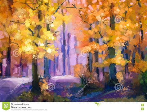 Oil Painting Landscape Colorful Autumn Trees Stock
