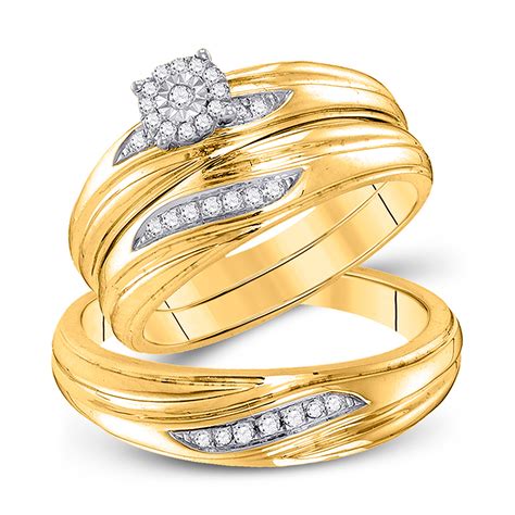 K Yellow Gold Round Diamond Cluster His Hers Matching Trio Wedding