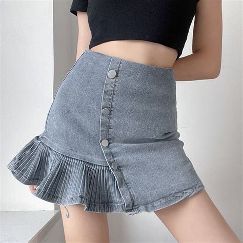 Rapcopter Y2k Pleated Jeans Skirts Button Ruffles Cute Denim Skirts High Waisted Korean Fashion