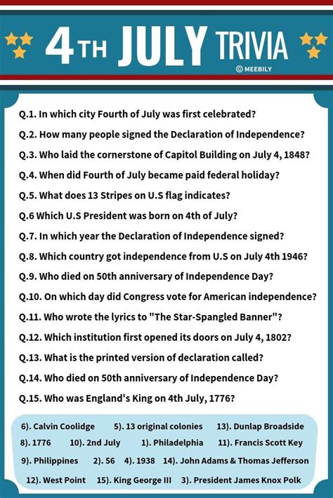 Add some fun facts below on your fourth of july trivia! 100+ Fourth of July Trivia Questions & Answers - Meebily